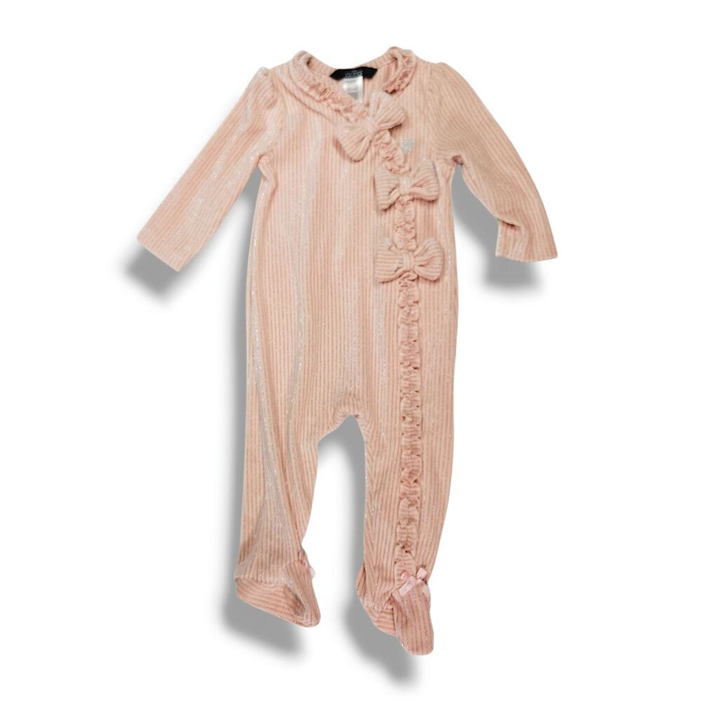 Baby Guess Ribbed Footie Romper Snap Front Ruffle Bow Lurex Soft Blush Pink 3-6M